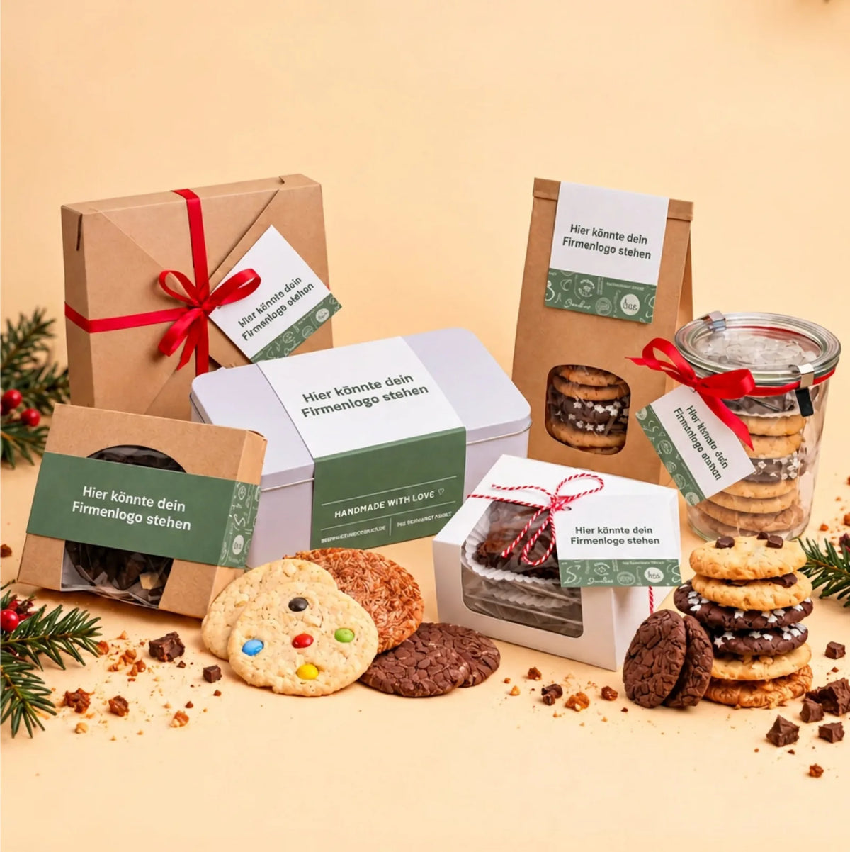 Weihnachtliche Firmenpräsente von Brownies & Cookies: Geschenkboxen, Metalldose, Tüte und Weckglas mit Platz für das eigene Firmenlogo